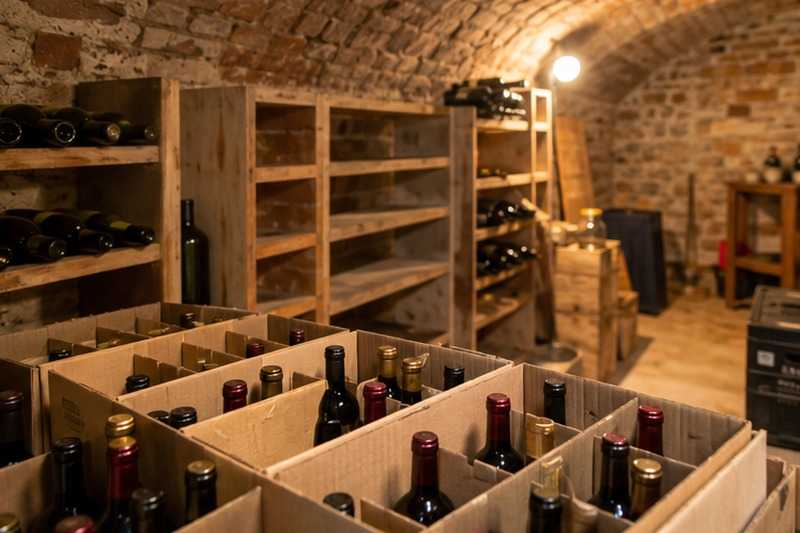 Bouteilles de la cave en cartons : chantier Rue de Grégy