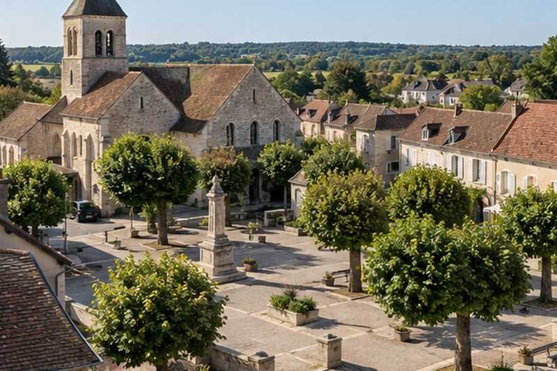 Place de bourg en pierre calcaire, Fontainebleau