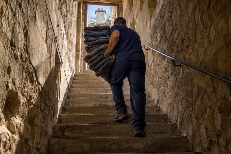 Escalier de service étroit : chantier Rue Anne-Marie Javouhey