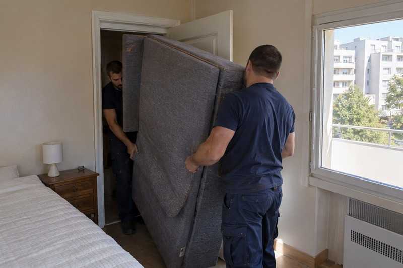 Canapé pivoté dans une porte étroite : chantier Rue Aristide Briand