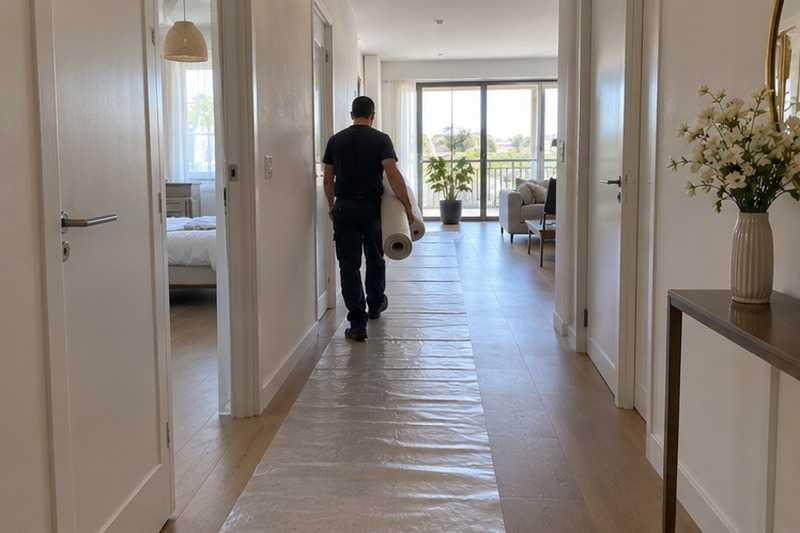 Parquet du couloir sous film : chantier Rue Branly