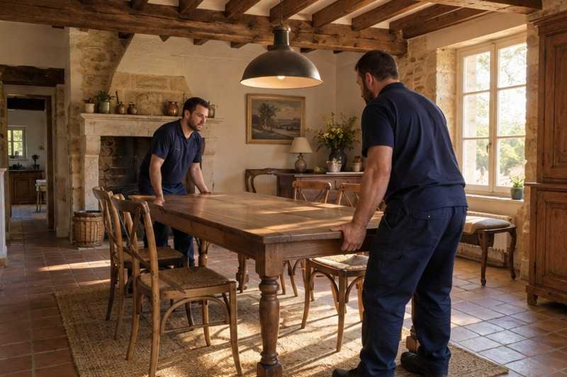 Table installée sous les poutres, Gretz-Armainvilliers