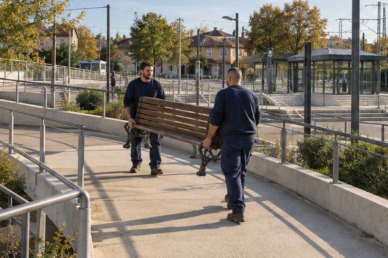 Banc porté sur un parking relais : chantier Rue de Bougainville