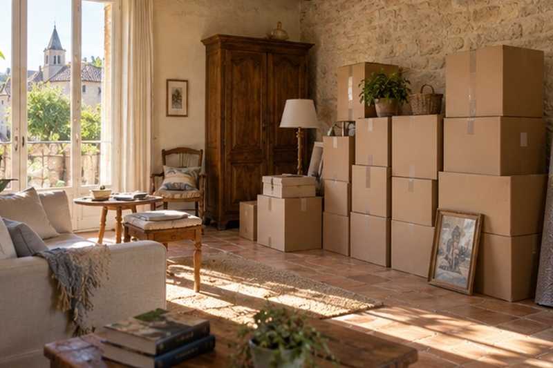 Cartons empilés contre un mur
