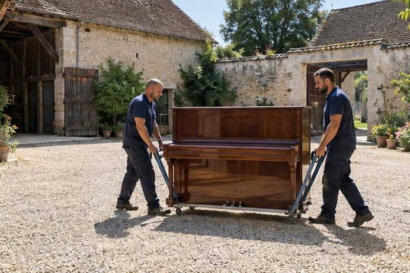 Piano porté dans une cour de ferme : chantier Rue de la Cité des Sablons