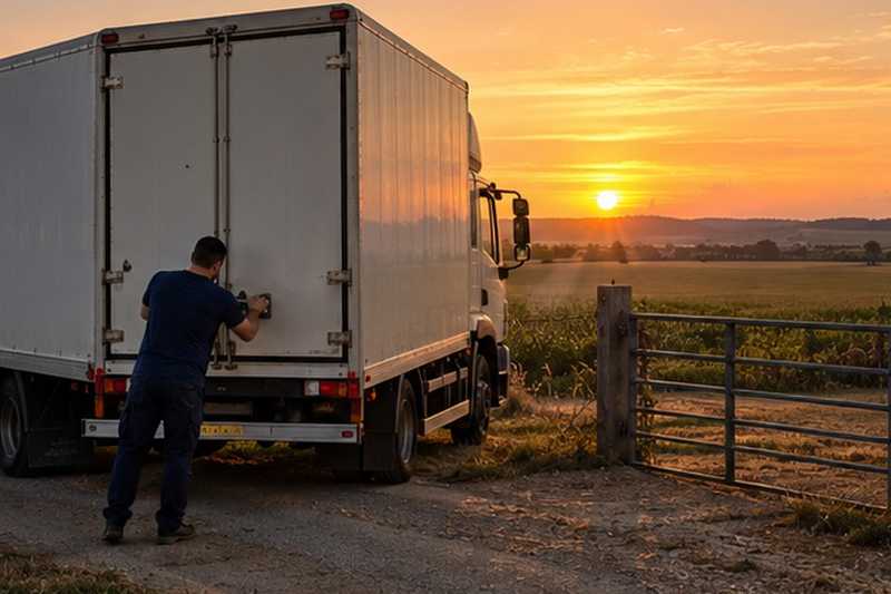 Camion fermé au coucher du soleil : chantier Rue de la Croix du Chêne