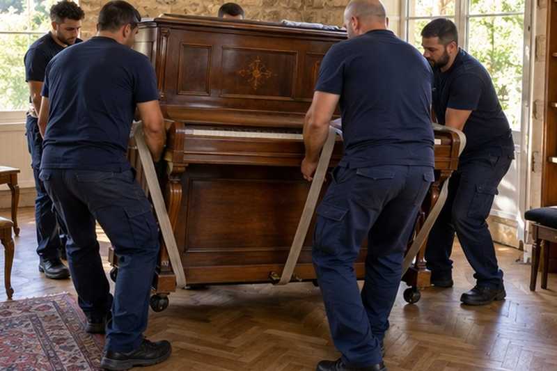 Piano droit soulevé à quatre : chantier Rue de la Draperie