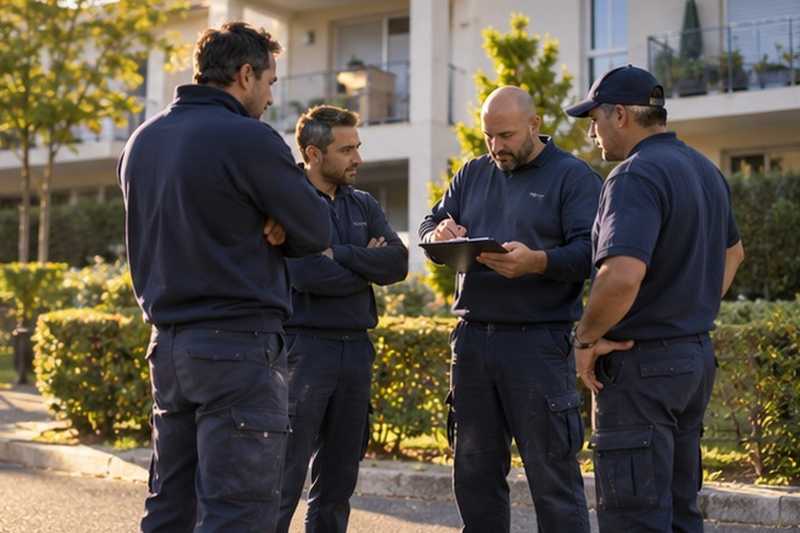 Réunion d’équipe en début de matinée : chantier Rue de la Marne