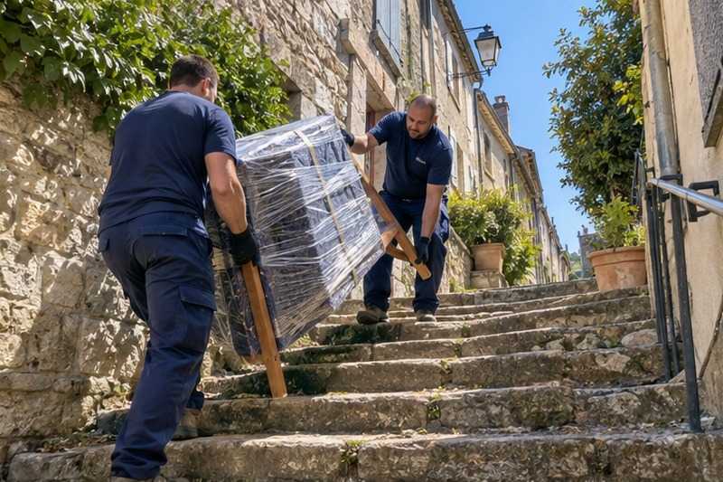 Table tournée dans une venelle pentue : chantier Rue André et Gaston Solvet
