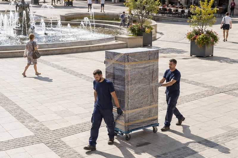 Armoire roulée sur une place piétonne : chantier Grande Rue