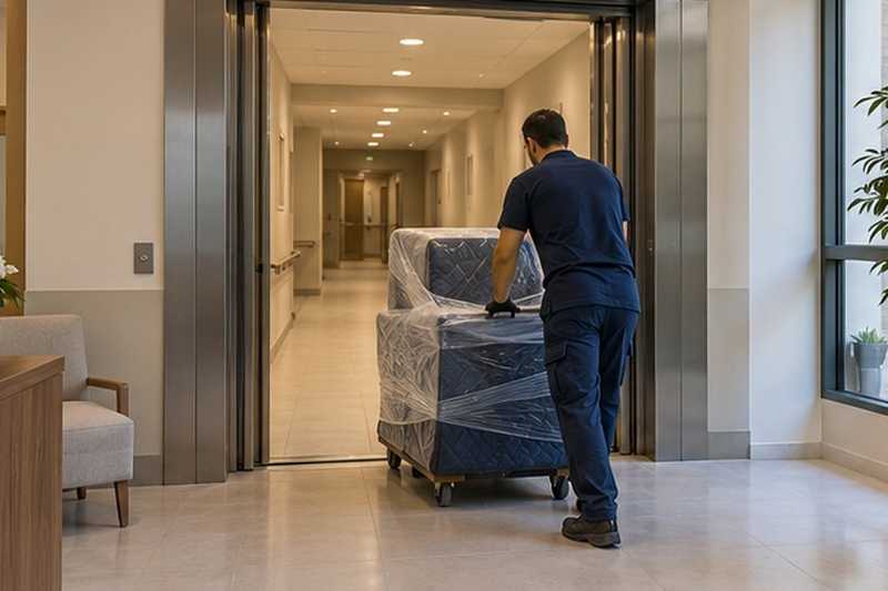 Fauteuil releveur dans un monte-charge : chantier Rue Allais