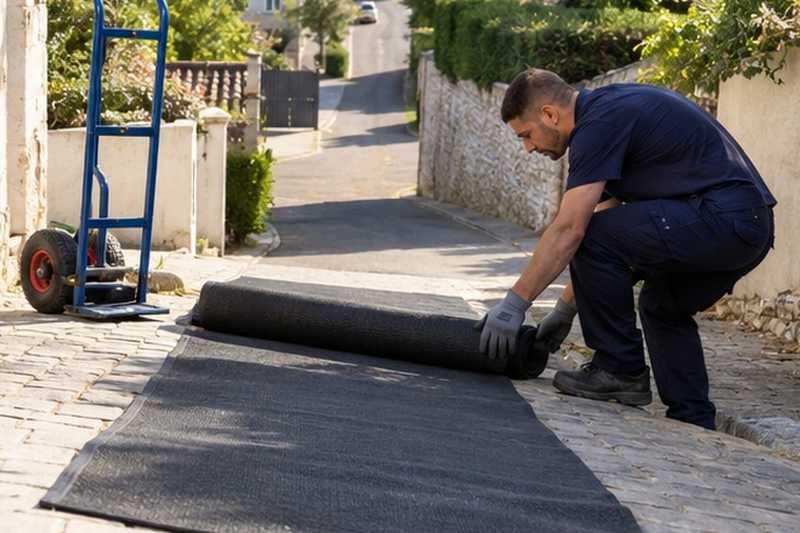 Tapis antidérapant sur une allée en pente : chantier Rue de la Source
