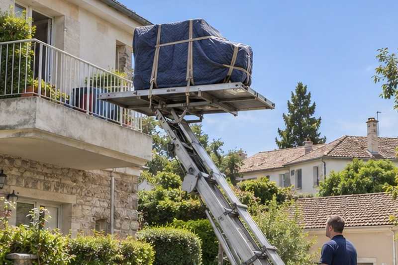 Piano à queue hissé par l’extérieur : chantier Rue du Général de Gaulle
