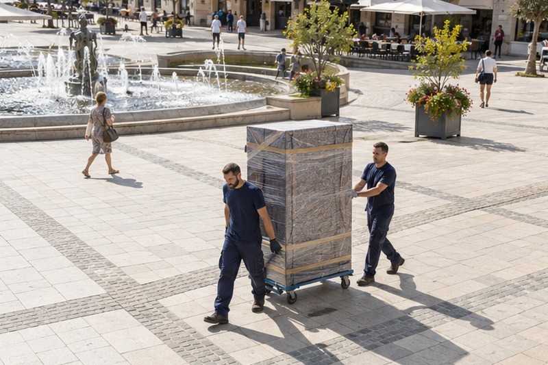 Armoire roulée sur une place piétonne : chantier Rue Albert Gaulard