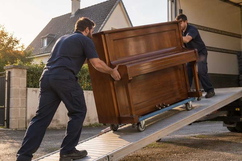 Piano monté par la rampe du camion : chantier Rue Blanche