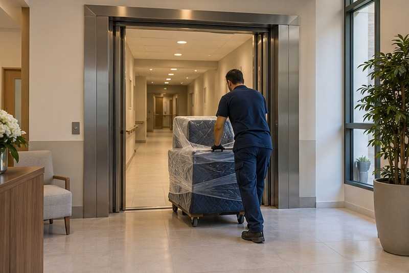 Fauteuil releveur dans un monte-charge : chantier Rue Benjamin Franklin