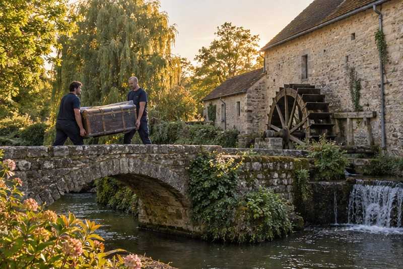 Malle portée dans la cour d’un moulin : chantier Rue Daubigny