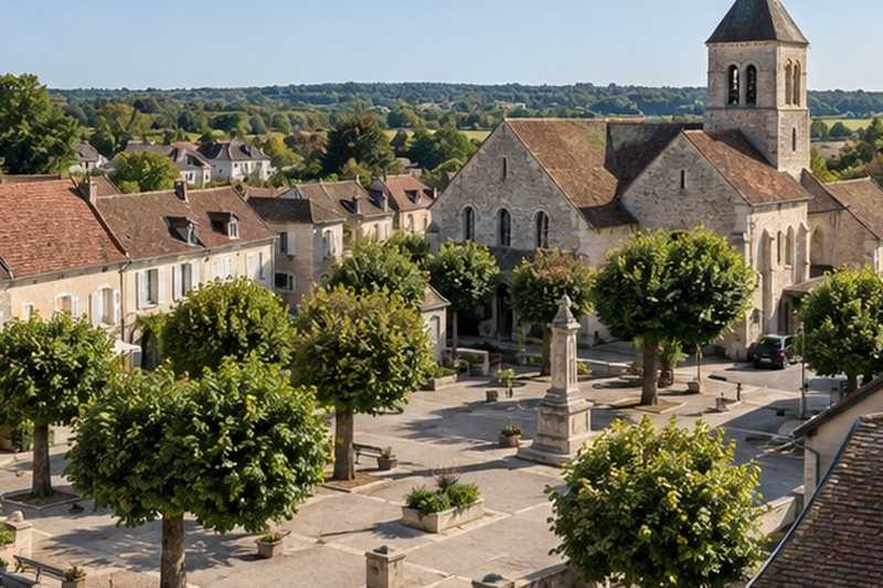 Place de bourg en pierre calcaire, Le Mée-sur-Seine