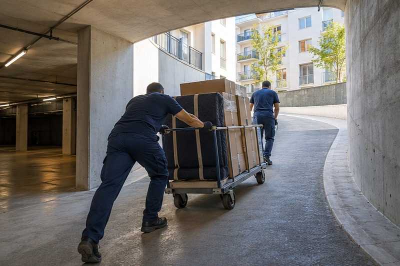 Chariot dans la rampe courbe du garage : chantier Rue Chanteloup