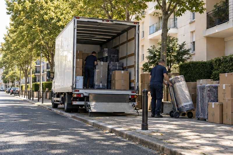 Camion sur une aire de livraison : chantier Rue Billy