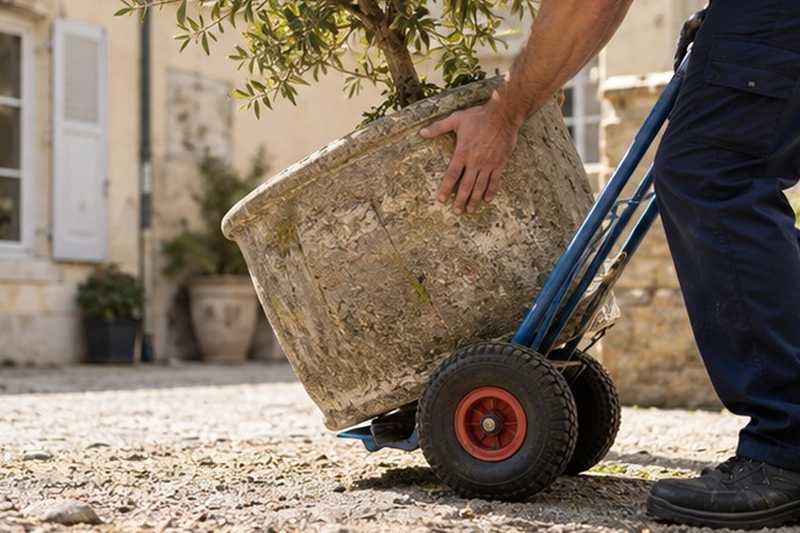 Pot en pierre sur chariot : chantier Rue de la Garenne