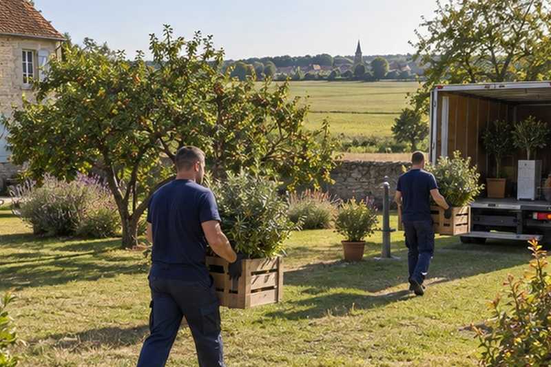 Arbustes en pots sortis du verger : chantier Rue de Vaux