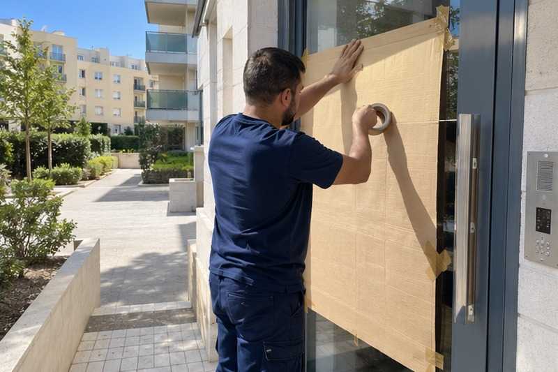 Vitre de porte protégée par du carton : chantier Rue Alexander Fleming