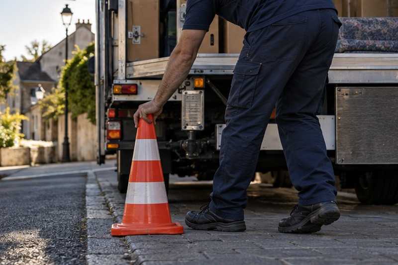 Cône posé près de la porte arrière : chantier Rue Charles Péguy