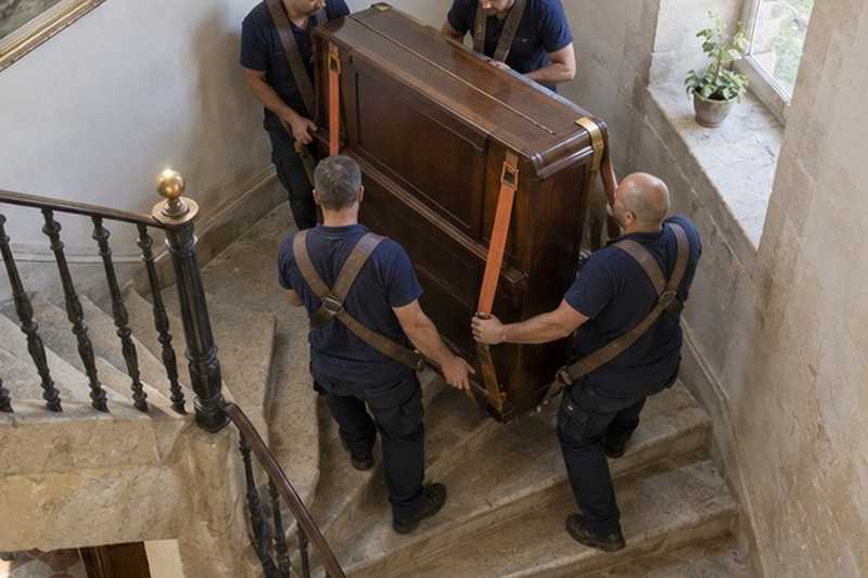 Piano droit descendu à la sangle : chantier Rue Bacot