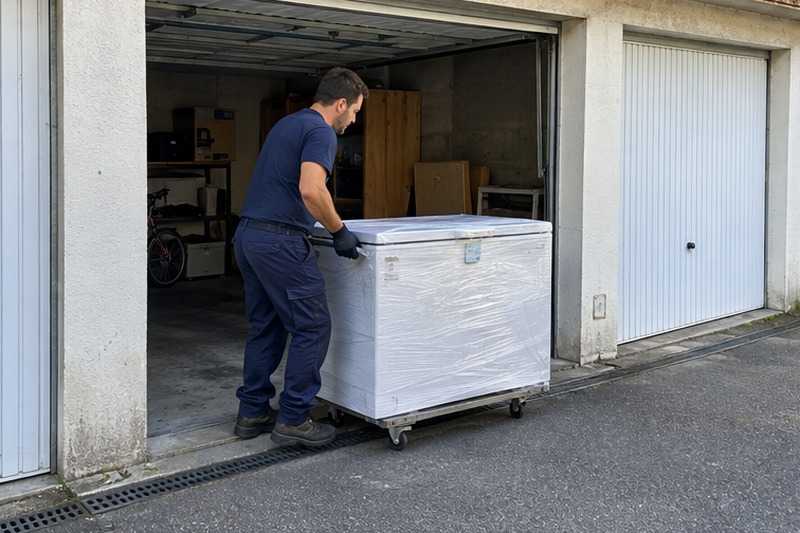 Congélateur sorti d’un box de parking : chantier Rue de Paris