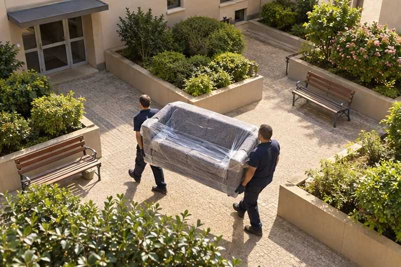 Canapé porté dans une cour de résidence : chantier Rue Aime Cesaire