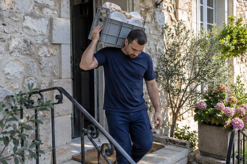 Caisse de vaisselle sur un perron : chantier Rue de Courtalin