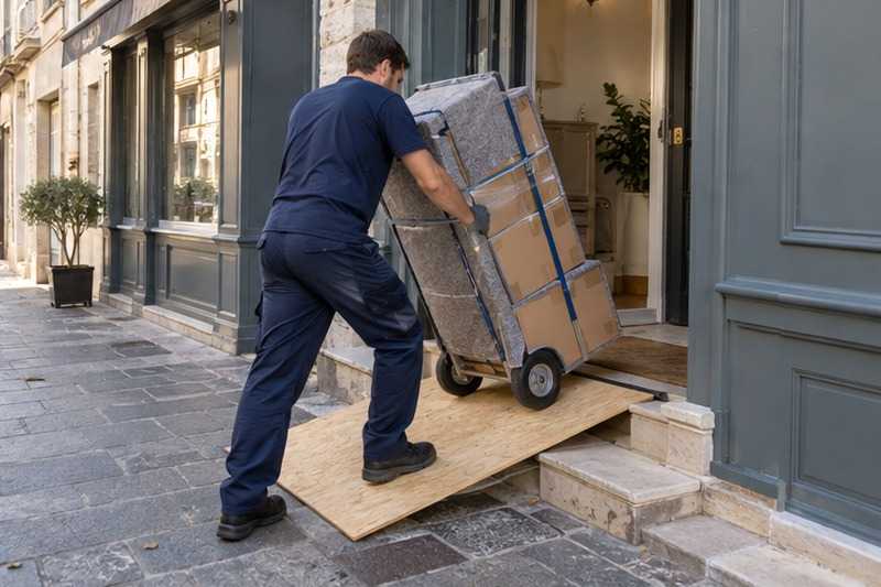 Planche posée pour franchir deux marches : chantier Rue de Hautefeuille