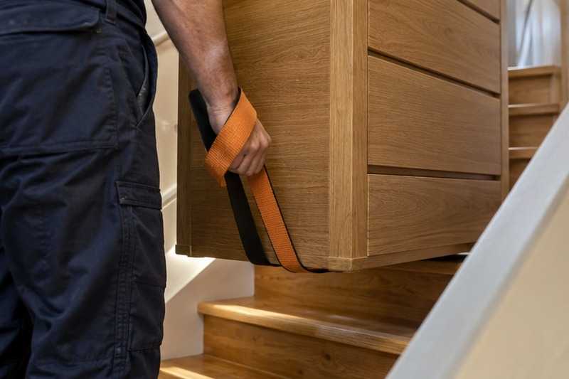 Sangle de portage sous une commode : chantier Rue de l’Abyme