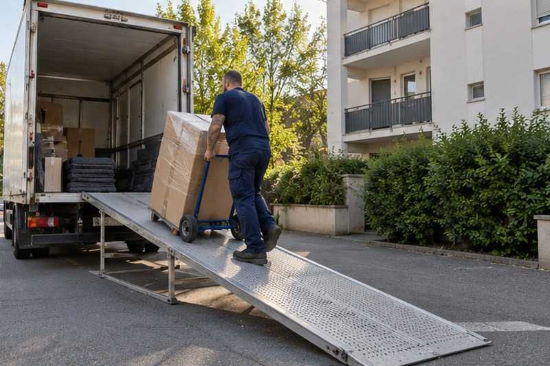 Rampe de chargement accrochée au camion : chantier Rue Courteline