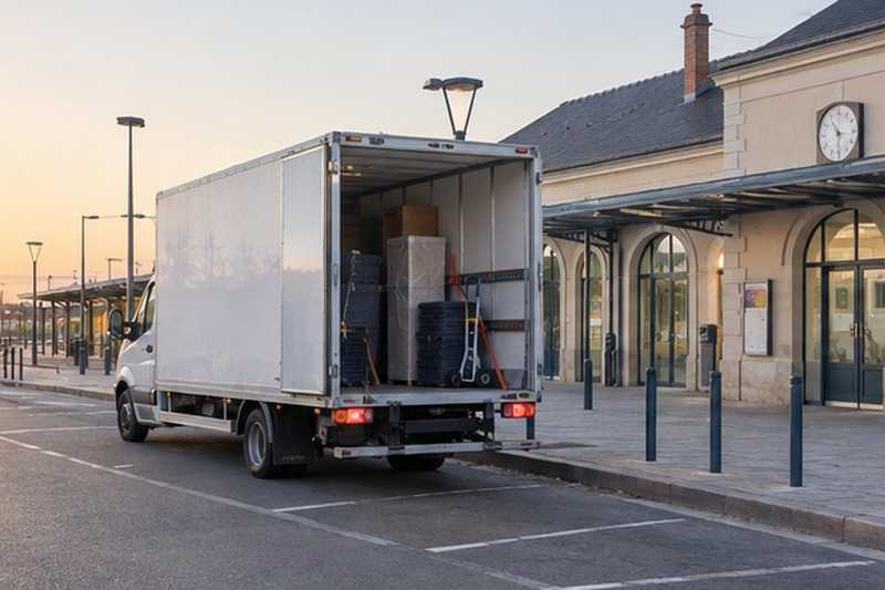 Arrêt du camion devant une gare au calme : chantier Rue de l’Abbé Muller