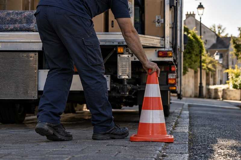 Cône posé près de la porte arrière : chantier Rue Ambroise Rendu