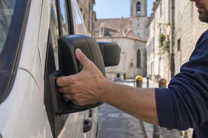 Rétroviseur replié dans une rue étroite