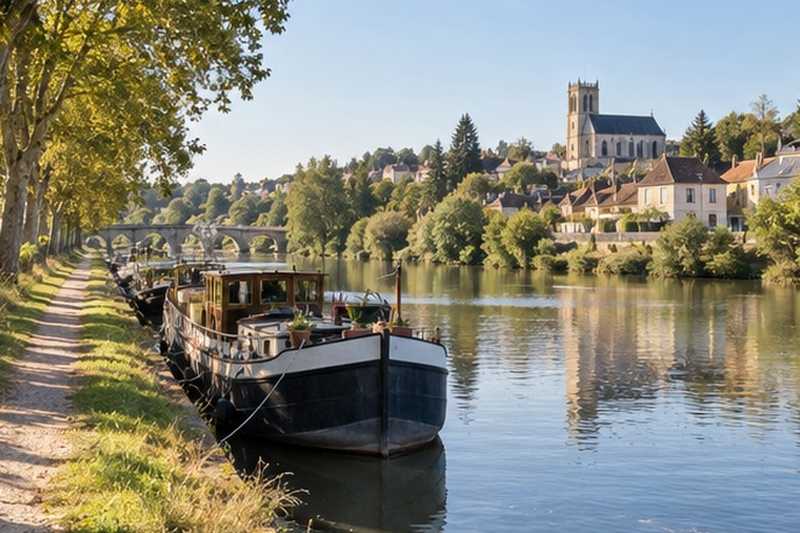 Rivière et péniche amarrée, Moissy-Cramayel