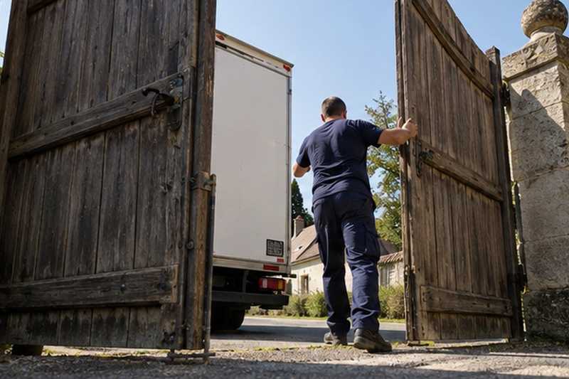 Portail de cour ouvert pour le camion : chantier Rue Benjamin Delessert