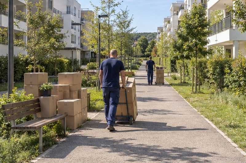 Navette de cartons sur une longue allée : chantier Rue André Ampère