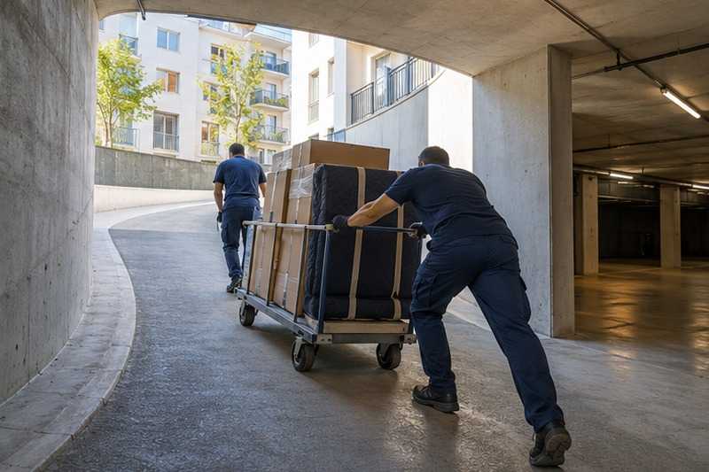 Chariot dans la rampe courbe du garage : chantier Résidence avec sous-sol