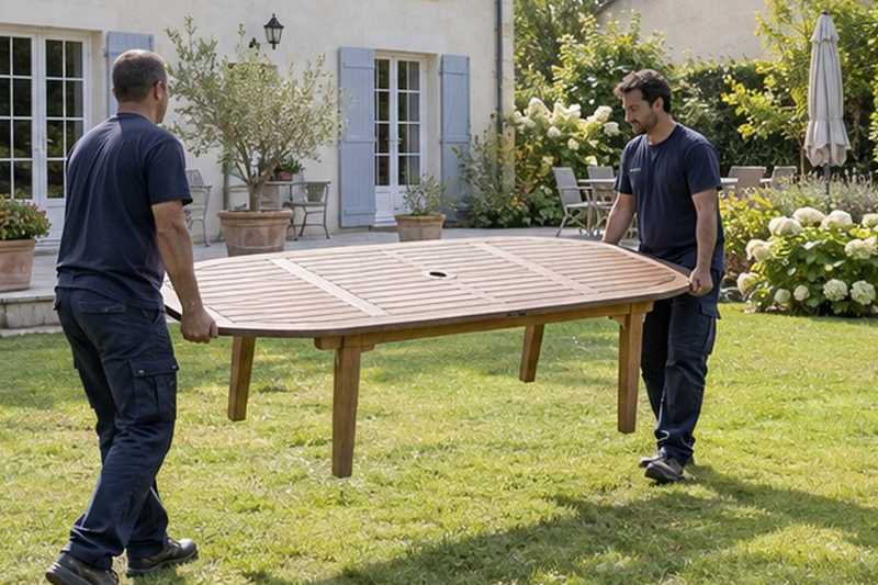 Table en teck portée sur la pelouse