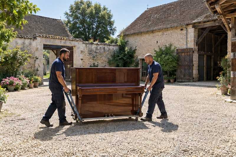 Piano porté dans une cour de ferme : chantier Rue de l’Abreuvoir