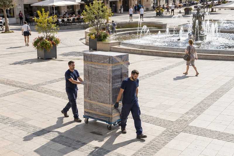 Armoire roulée sur une place piétonne : chantier Rue Aristide Briand