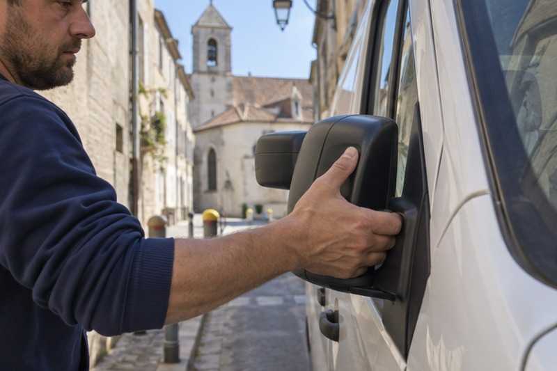 Rétroviseur replié dans une rue étroite : chantier Rue Carnot