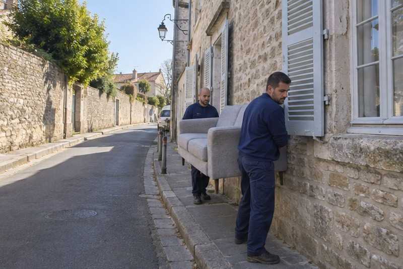 Canapé sur un trottoir étroit : chantier Rue de Charmois