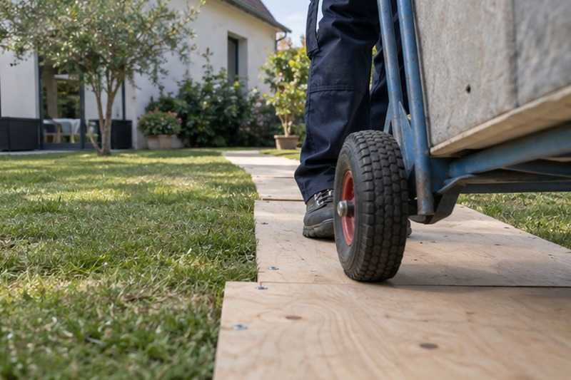 Piste de planches sur le gazon : chantier Rue André Brunnet