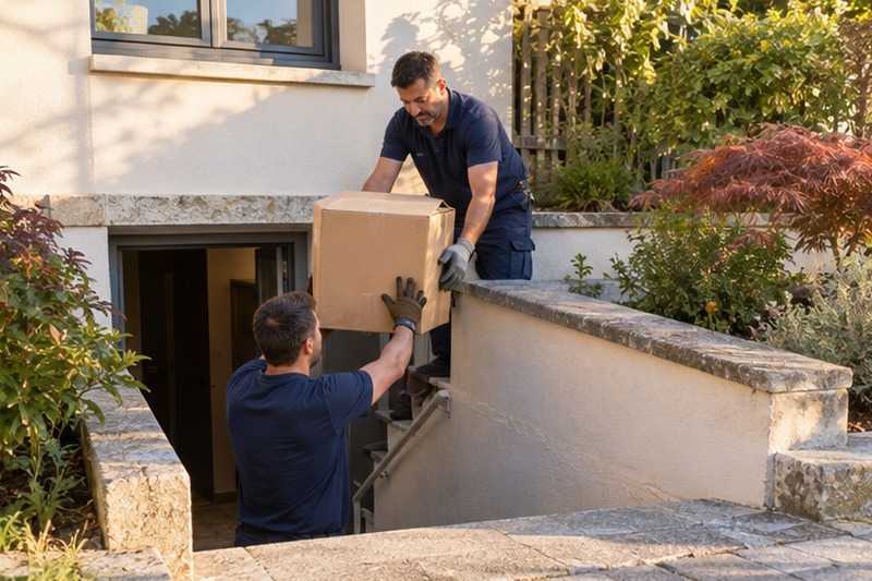 Chaîne de cartons sur des marches : chantier Rue Camille Saint Saens