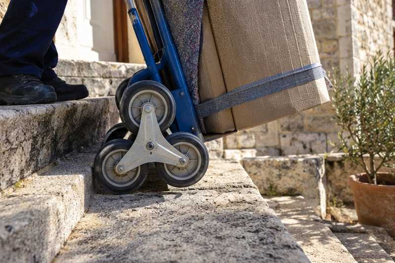 Diable monte-escalier sur une marche : chantier Avenue des Champs